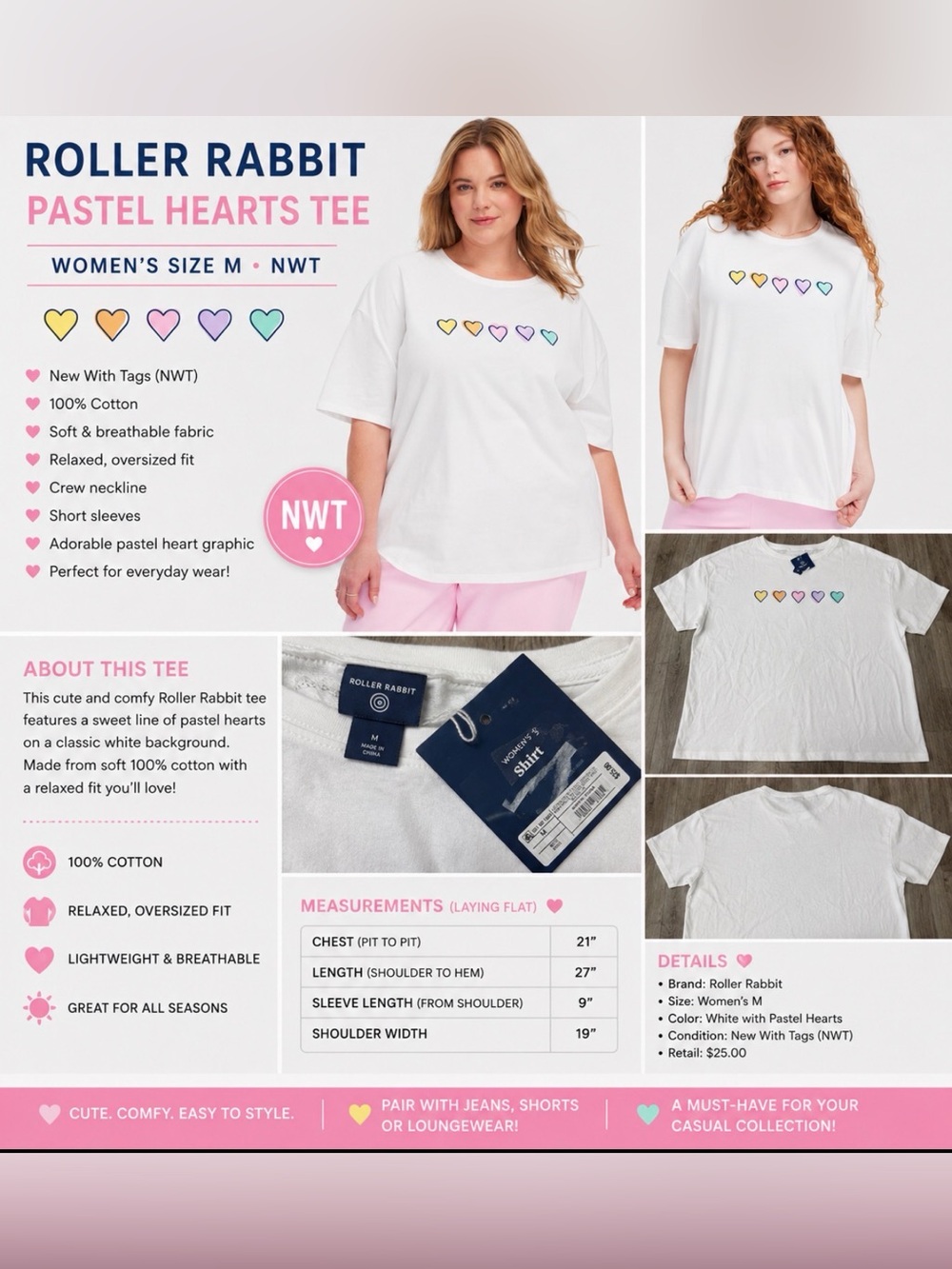 Roller Rabbit Pastel Hearts Tee – Women’s Medium – NWT
